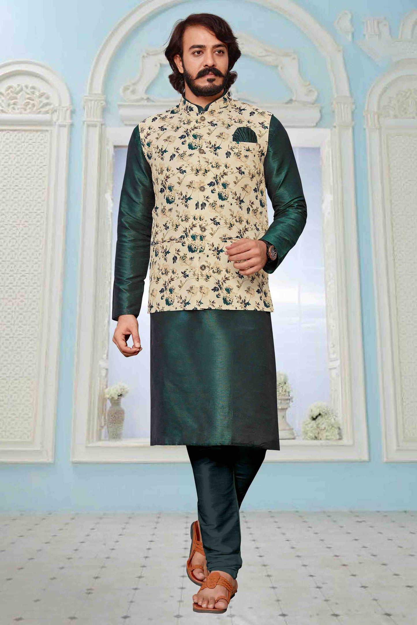 Green Colour Kurta Pajama With Jacket In Art Silk KP1210321