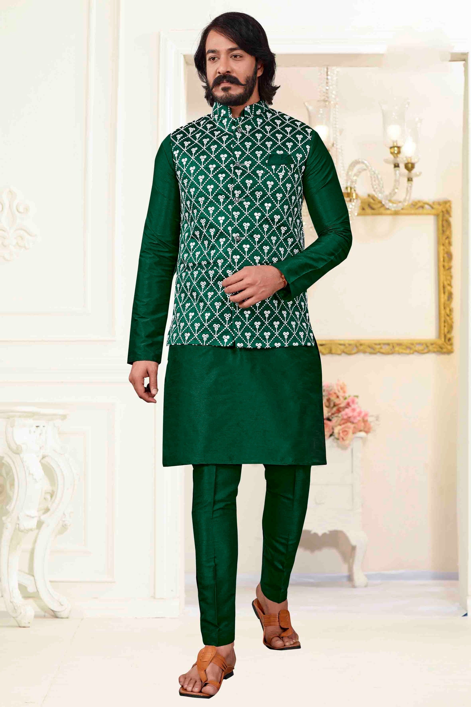 Green Colour Kurta Pajama With Jacket In Art Silk KP1210371