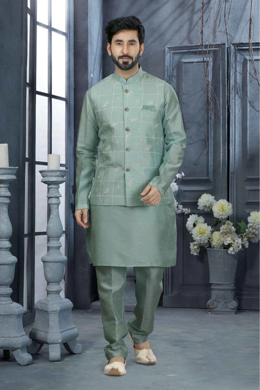 Green Colour Kurta Pajama With Jacket In Silk Dupion Fabric KP1040187