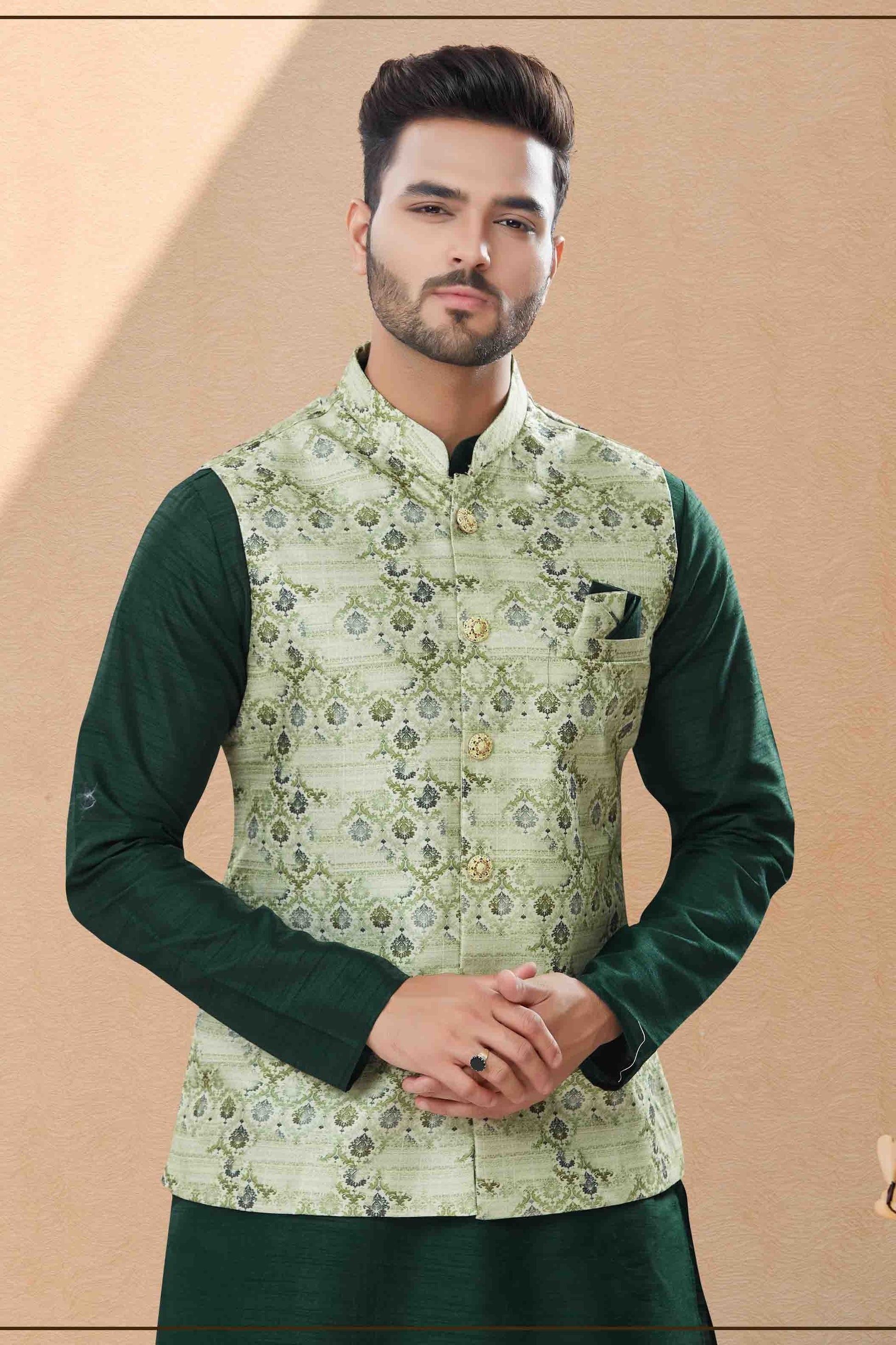Green Colour Kurta Pajama With Jacket In Silk Dupion Fabric KP1040465 A