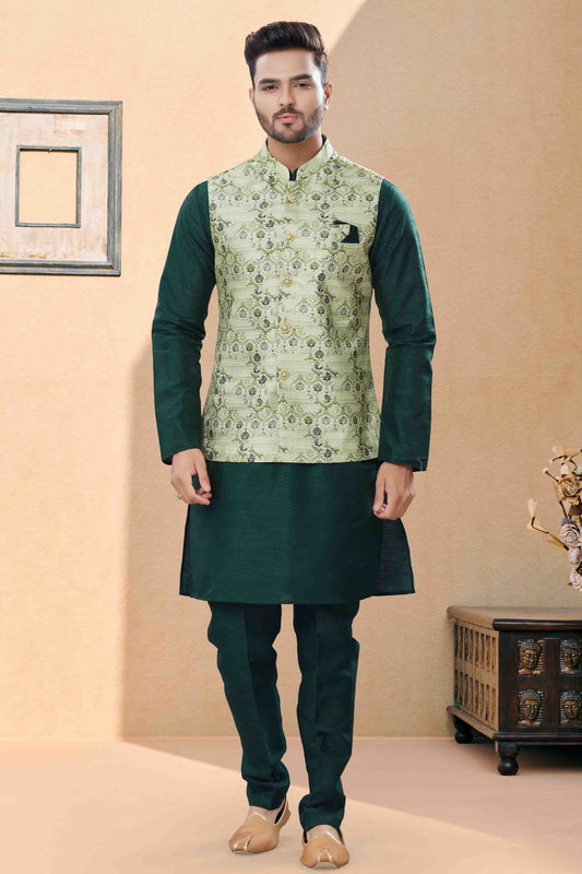 Green Colour Kurta Pajama With Jacket In Silk Dupion Fabric KP1040465