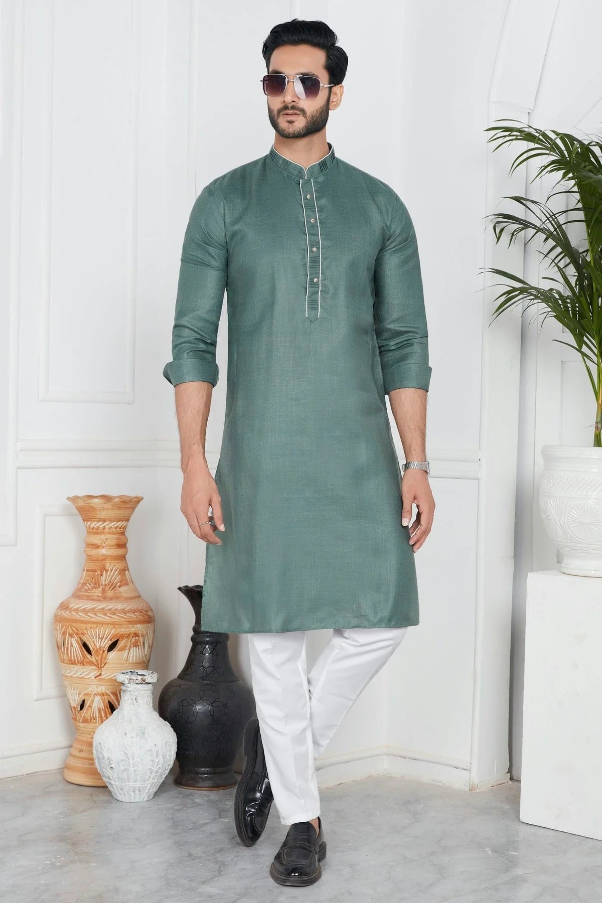 Green Colour Linen Cotton Pintex Work Kurta Pajama KP1230133 A