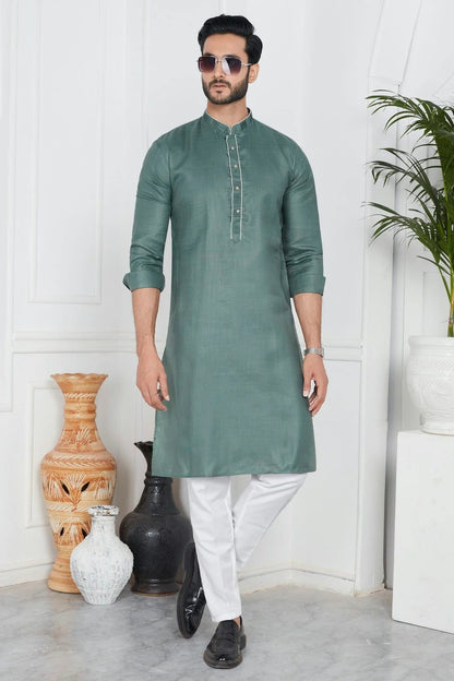 Green Colour Linen Cotton Pintex Work Kurta Pajama KP1230133 A