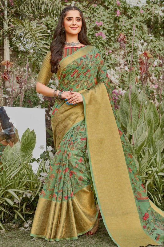 Green Colour Linen Printed Saree SD1100897