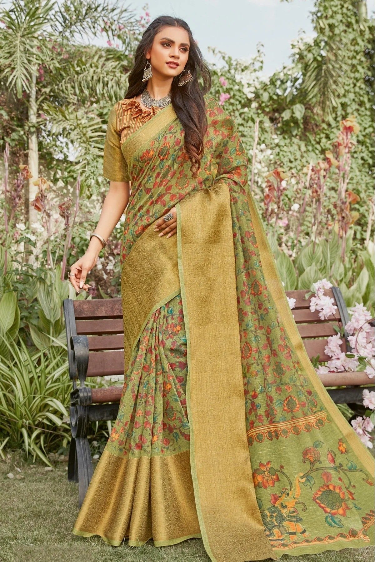 Green Colour Linen Printed Saree SD1100899