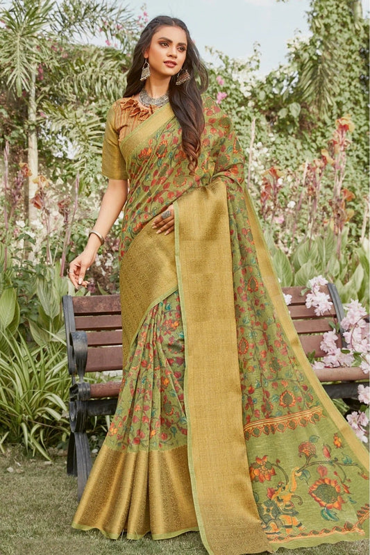 Green Colour Linen Printed Saree SD1100899