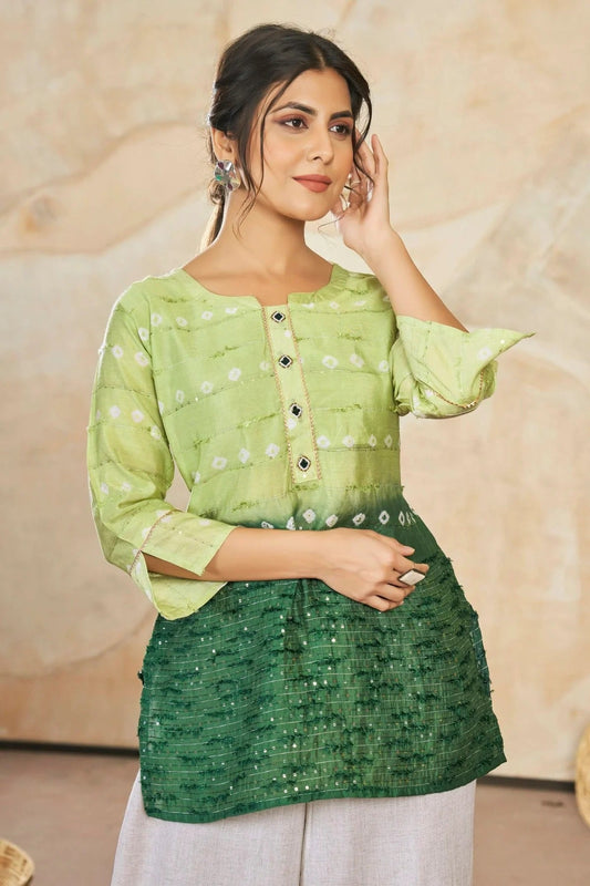 Green Colour Modal Silk Sequins Work Work Readymade Top TP1110755