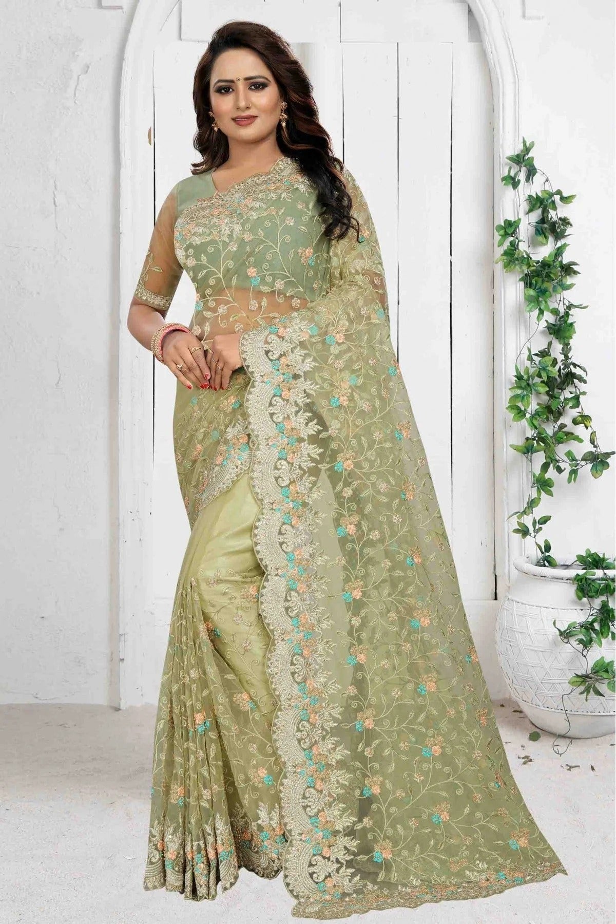 Green Colour Net Designer Saree SD1090083