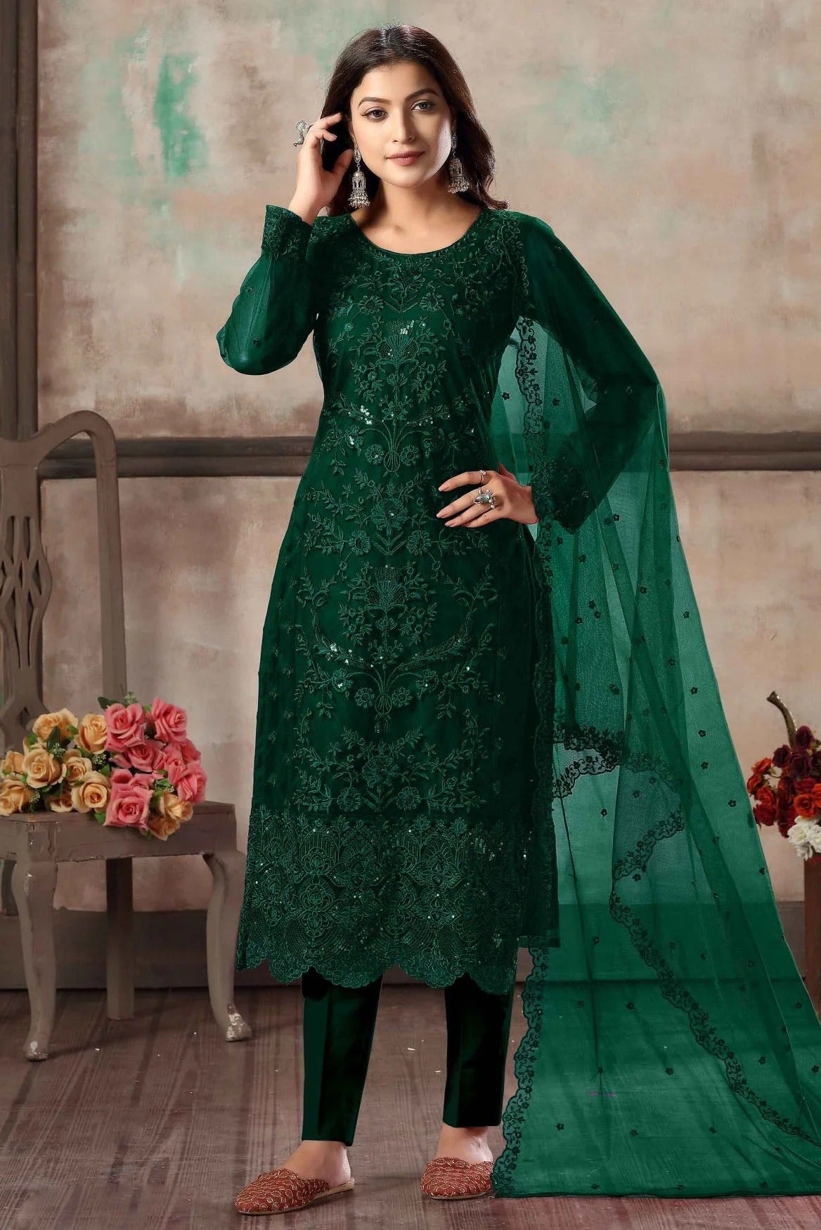Green Colour Net Embroidery Pant Style Suit SM1050184