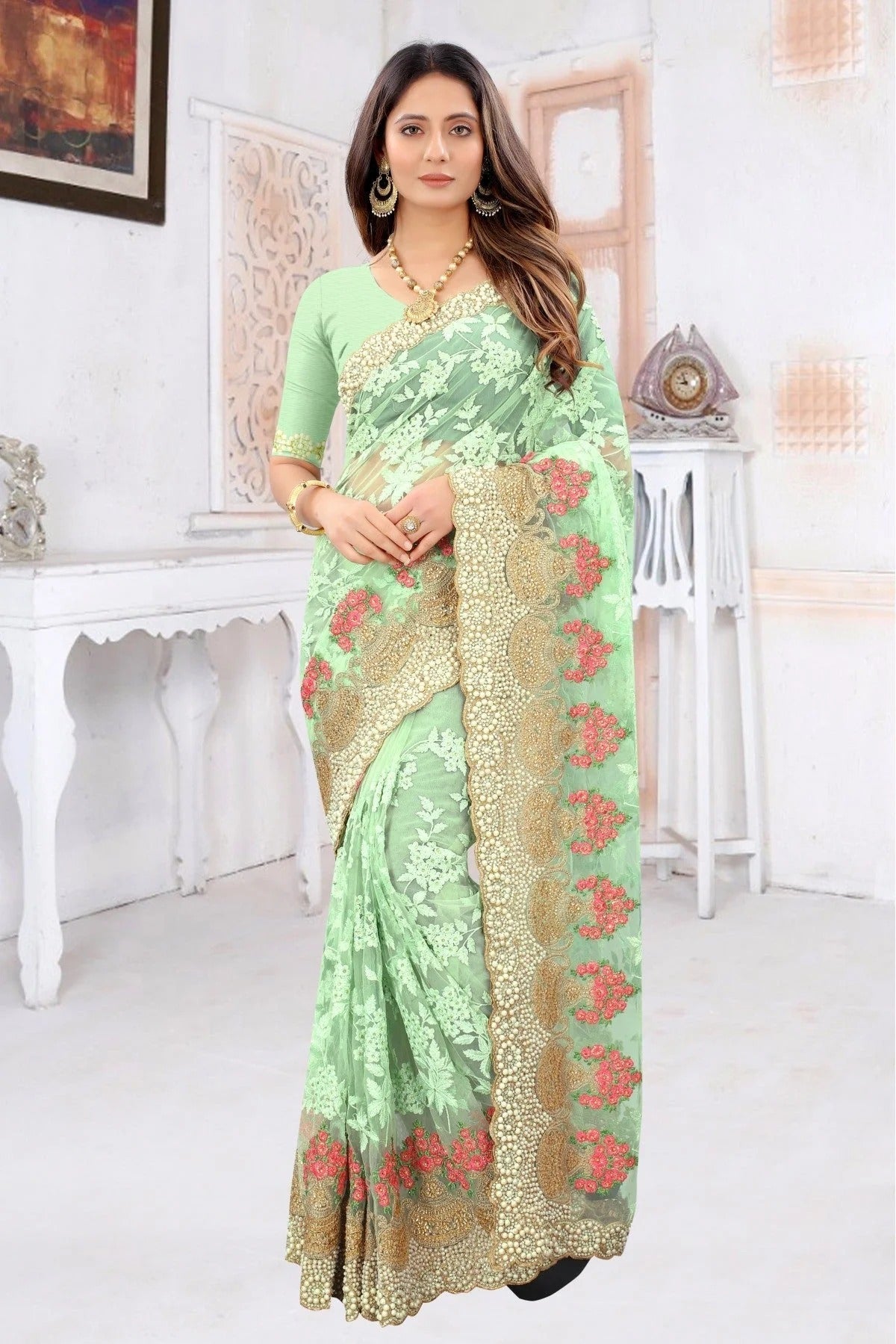 Green Colour Net Embroidery Saree SD1090222