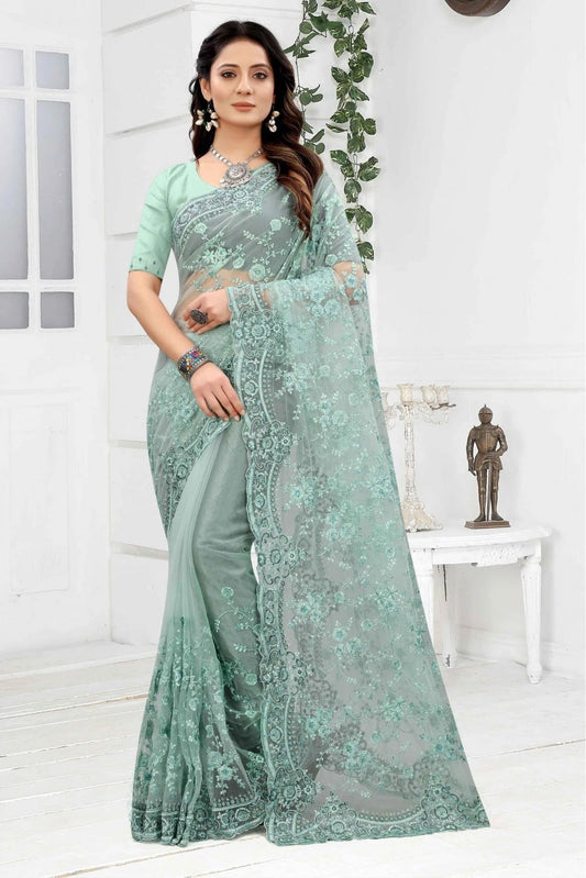 Green Colour Net Embroidery Saree SD1090251