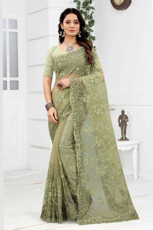 Green Colour Net Embroidery Saree SD1090253