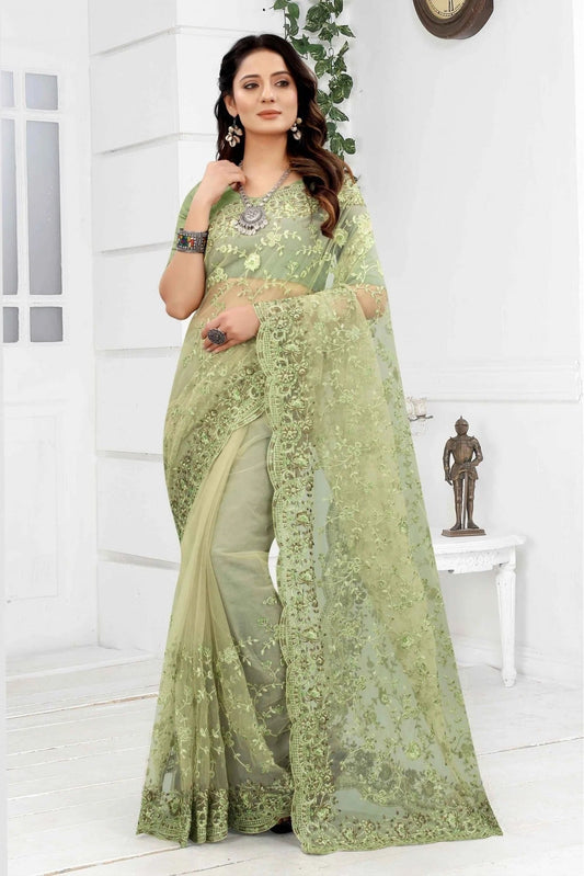 Green Colour Net Embroidery Saree SD1090259