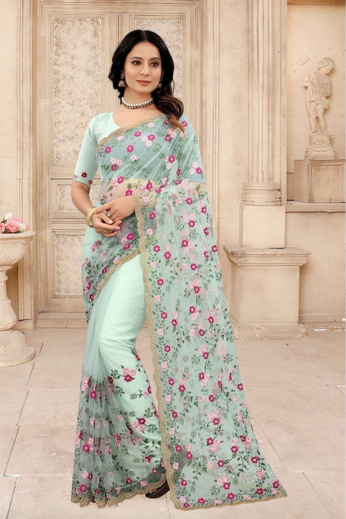 Green Colour Net Embroidery Saree SD1090313