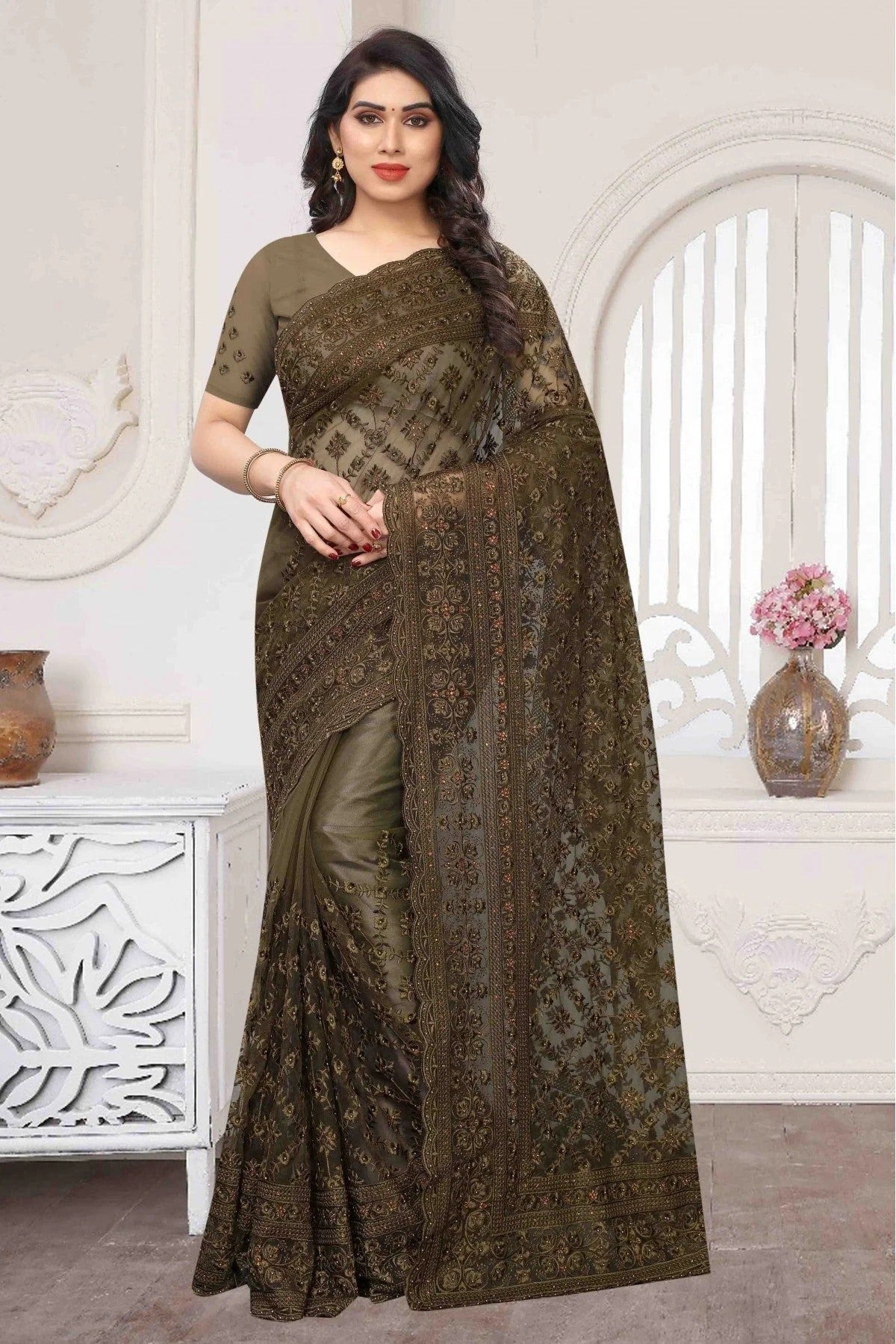Green Colour Net Embroidery Saree SD1090357