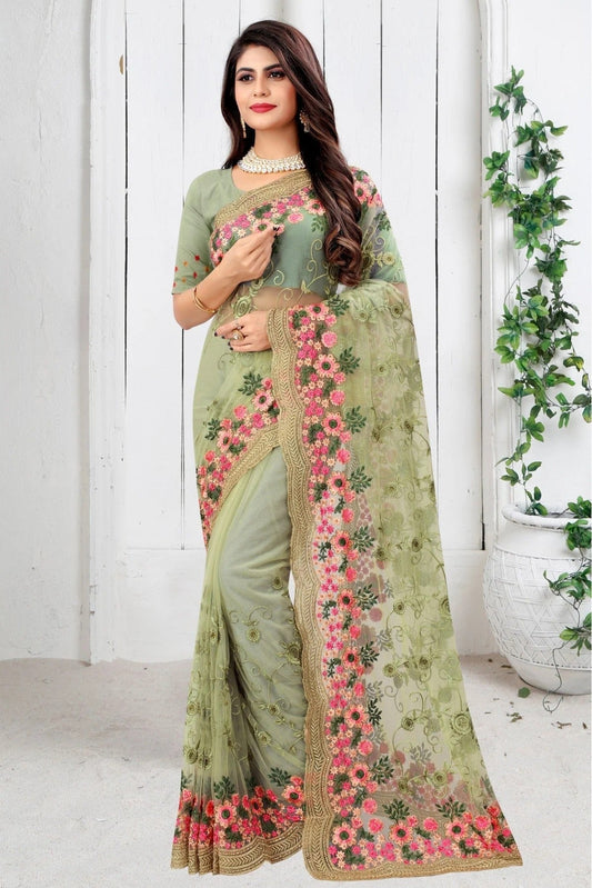 Green Colour Net Embroidery Saree SD1090453