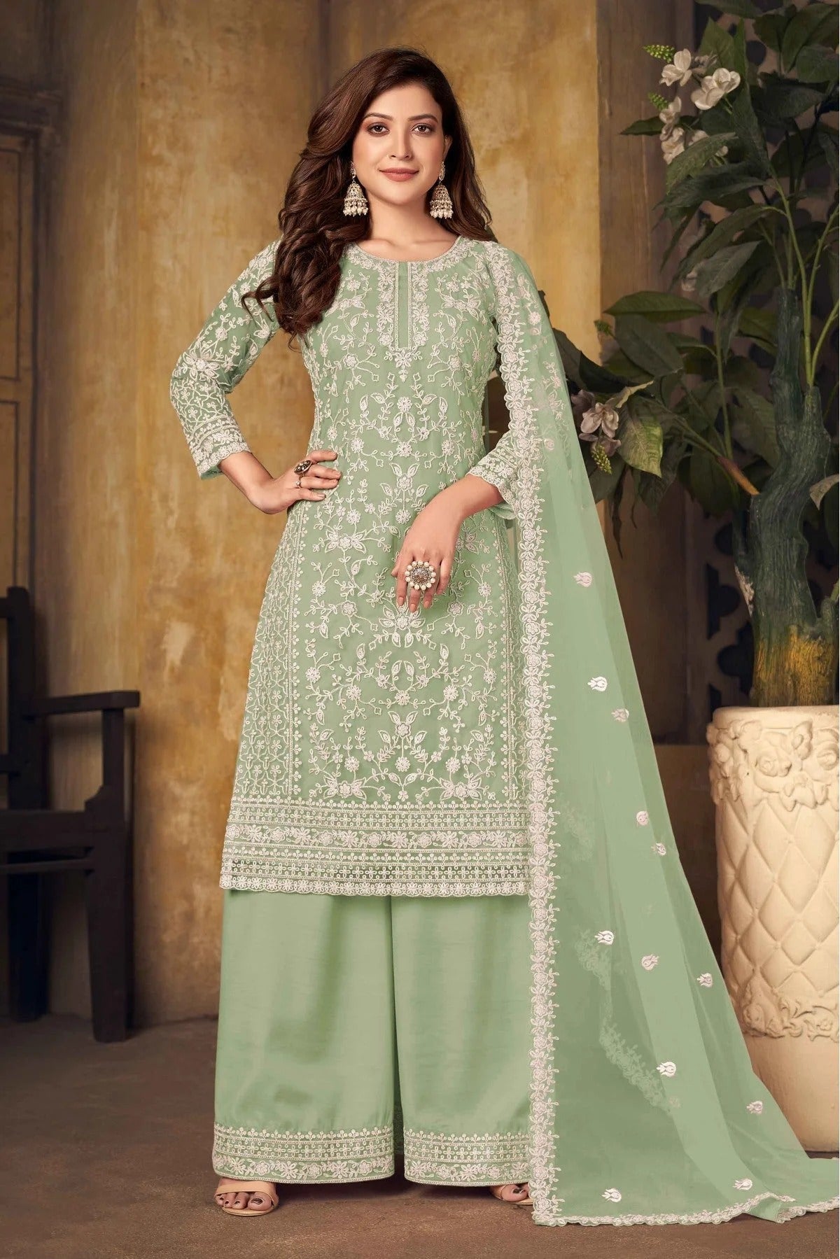 Green Colour Net Palazzo Pant Suit SM1050162