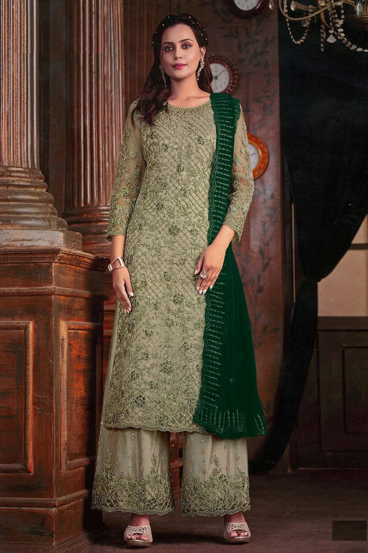 Green Colour Net Palazzo Pant Suit SM1110624