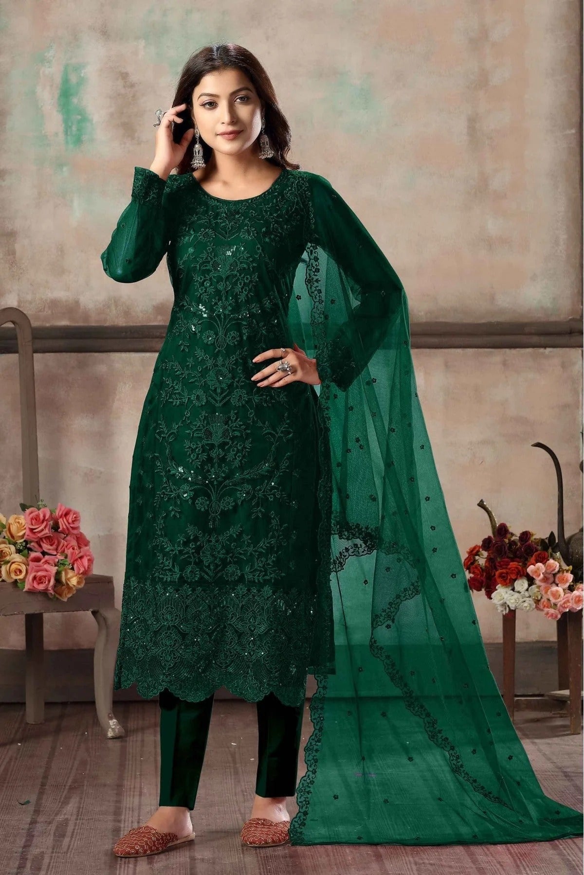 Green Colour Net Pant Style Suit SM1050082