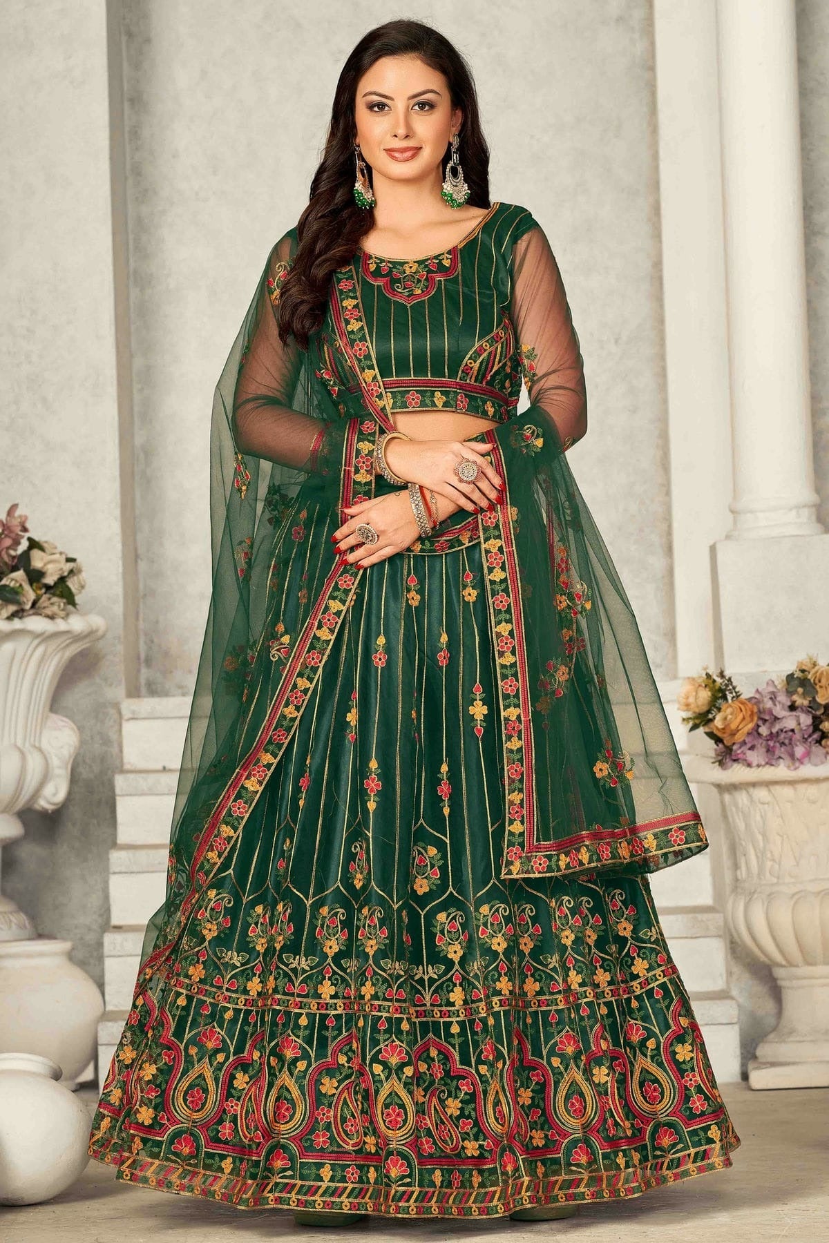 Green Colour Net Semi Stitched Lehenga Choli LC1170069