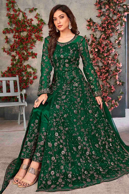 Green Colour Net Semi Stitched Pant Style Suit SM1050322 A