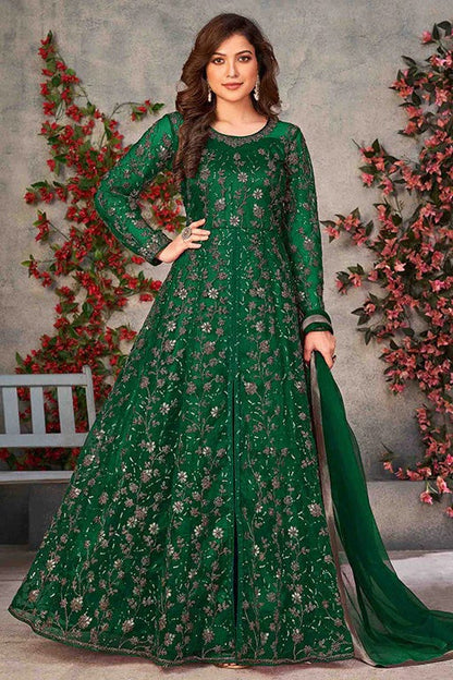 Green Colour Net Semi Stitched Pant Style Suit SM1050322