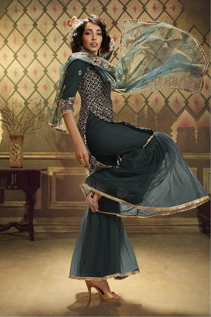 Green Colour Net Sequins Work Sharara Suit SM1080643 A