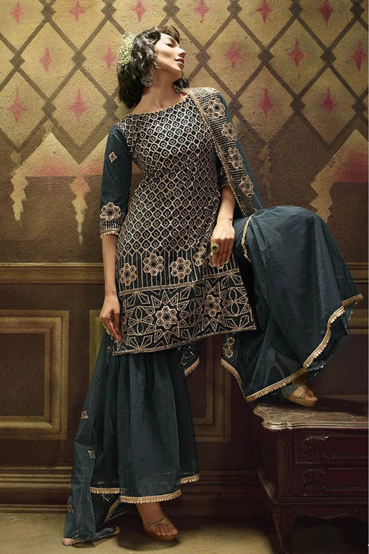Green Colour Net Sequins Work Sharara Suit SM1080643