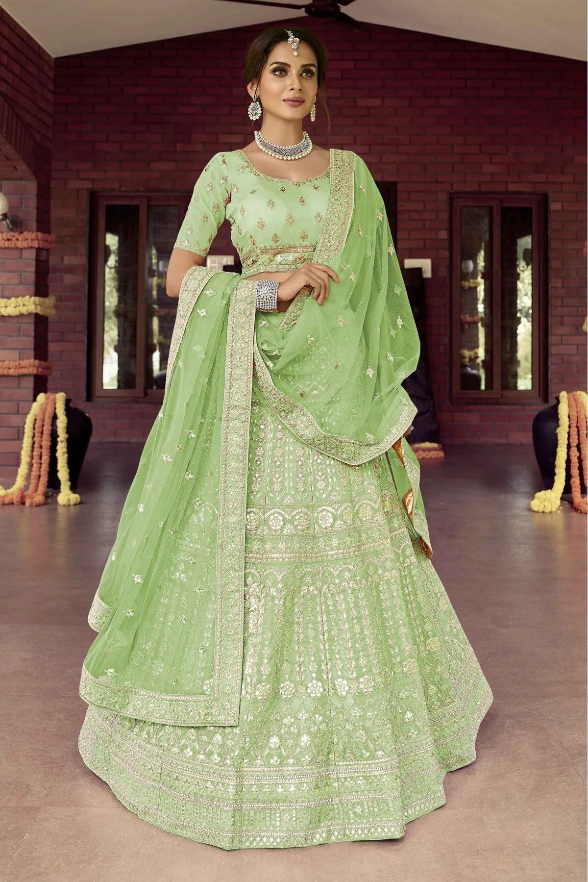 Green Colour Organza Resham Work Lehenga Choli LC1080119