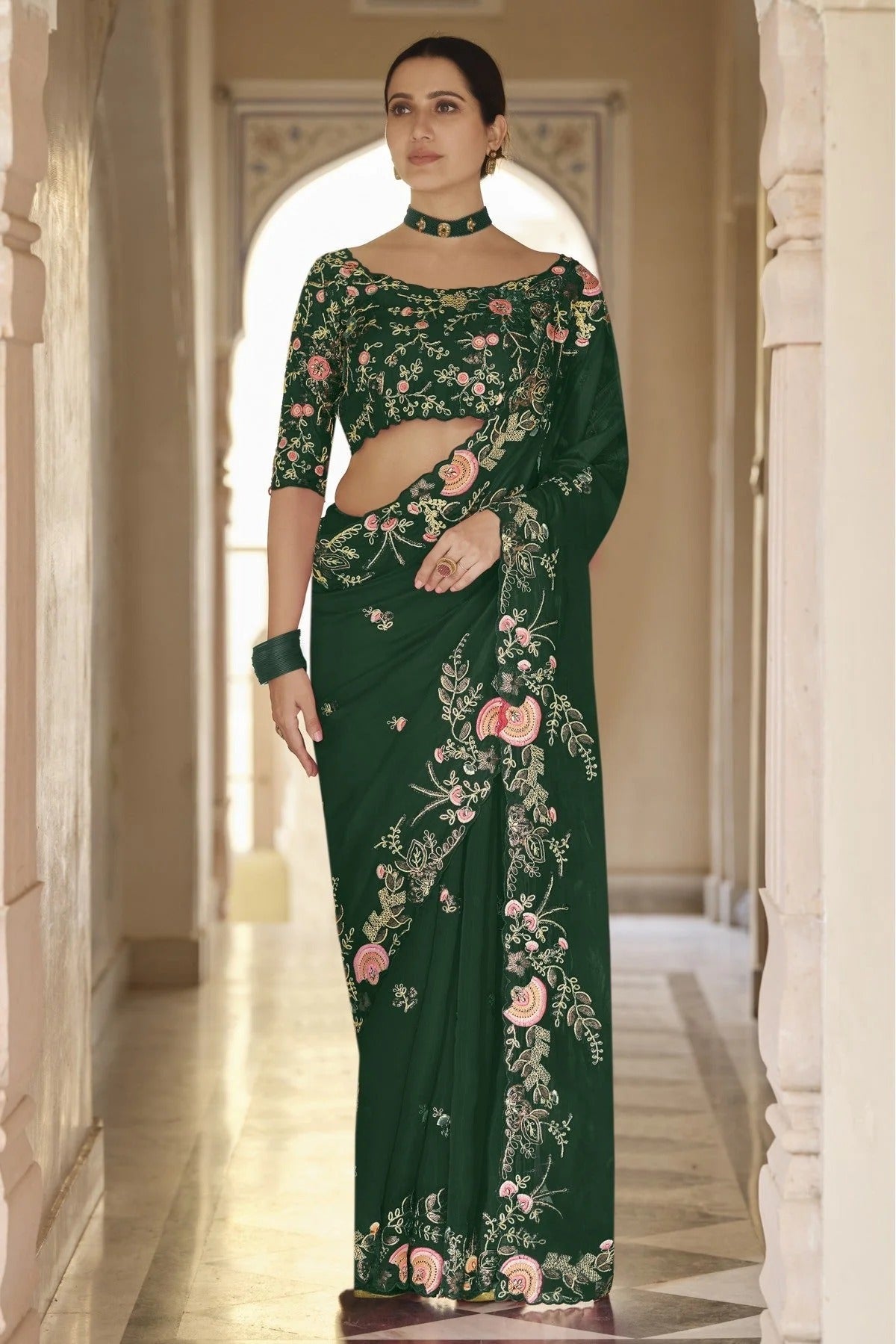 Green Colour Organza Sequins Work Saree SD1080027