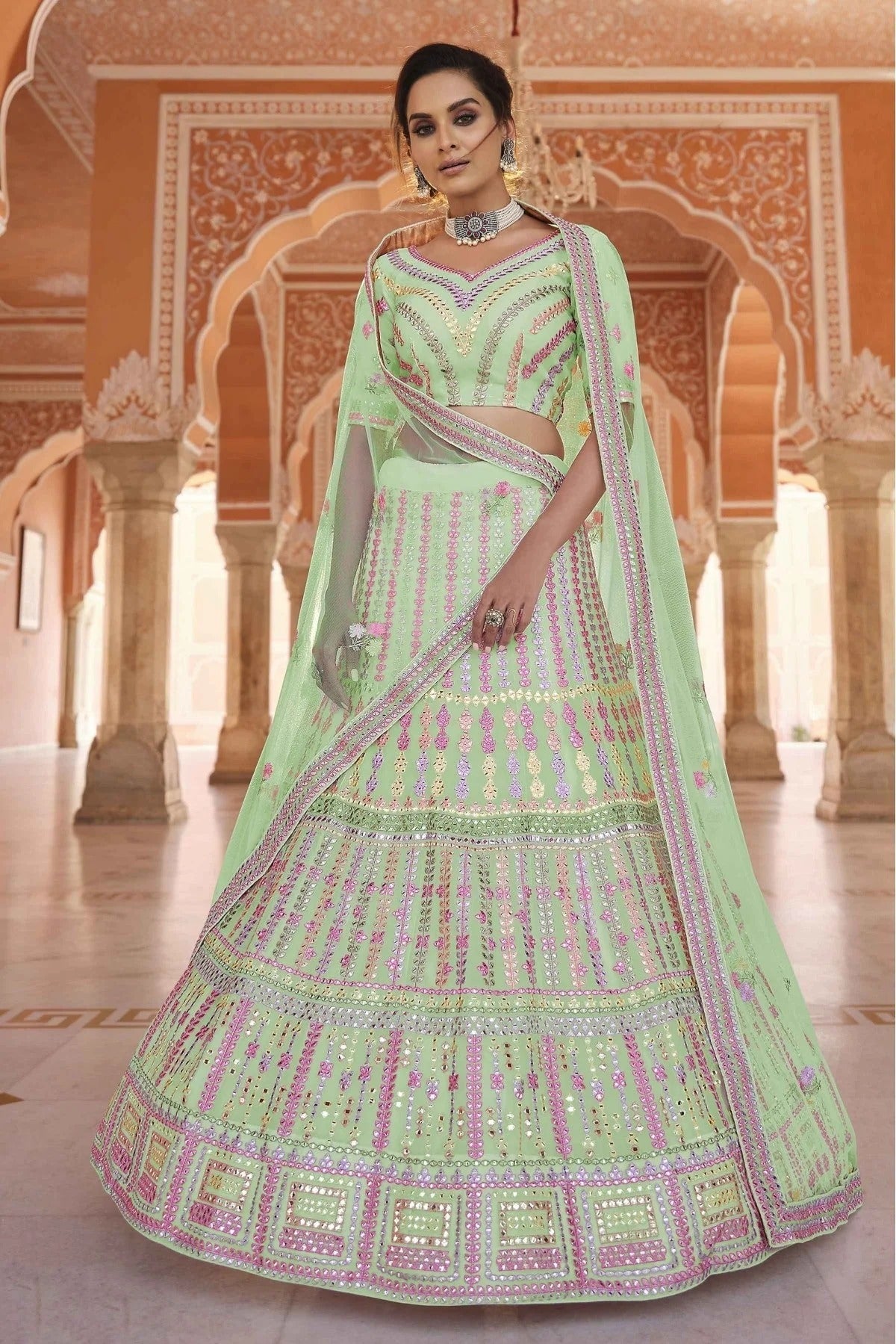 Green Colour Organza Thread Work Lehenga Choli LC1080142