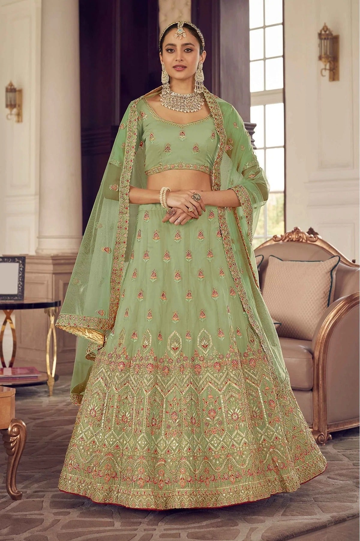 Green Colour Organza Thread Work Lehenga Choli LC1080165
