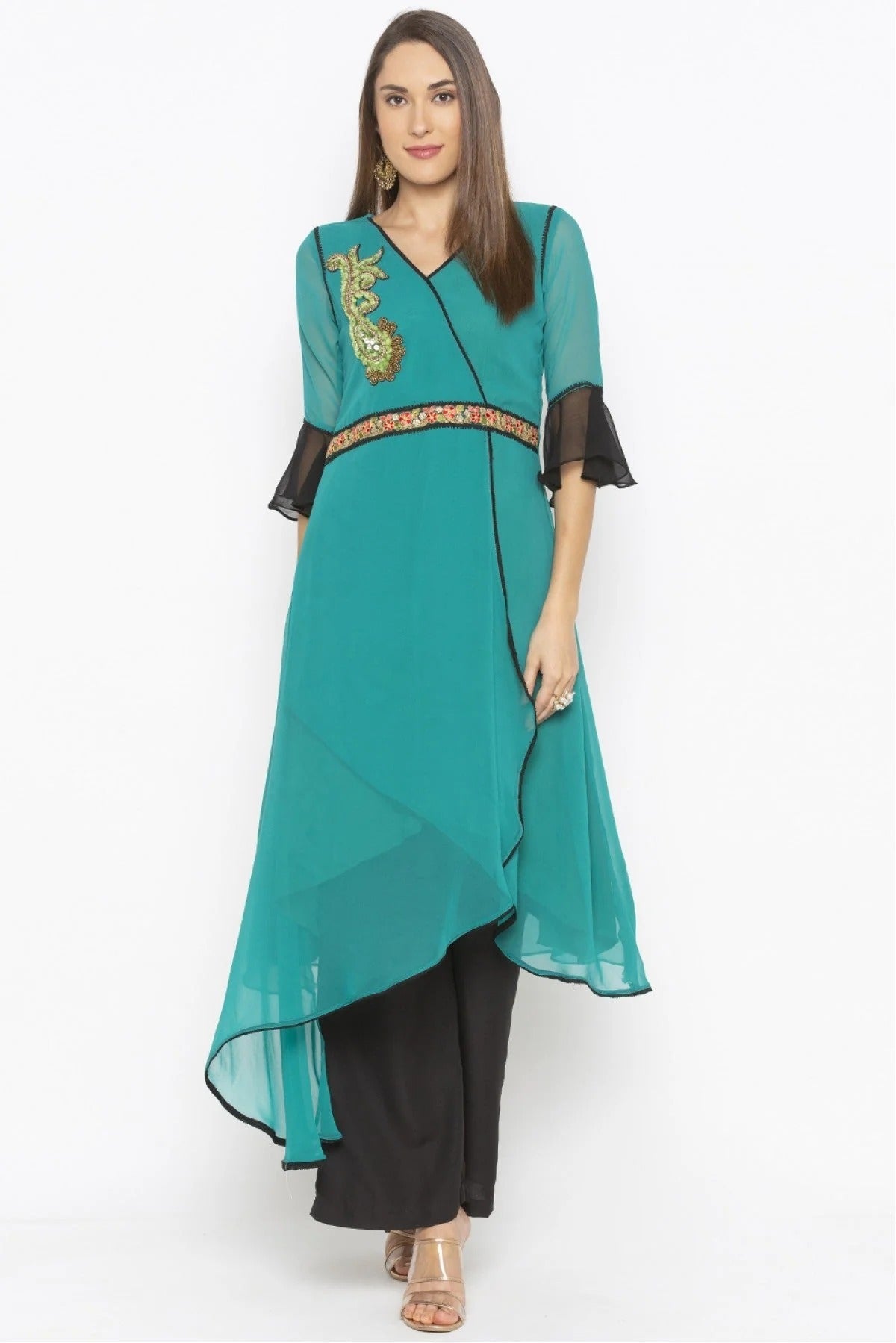 Green Colour Plus Size Georgette Embroidery Kurta Set KR1070518