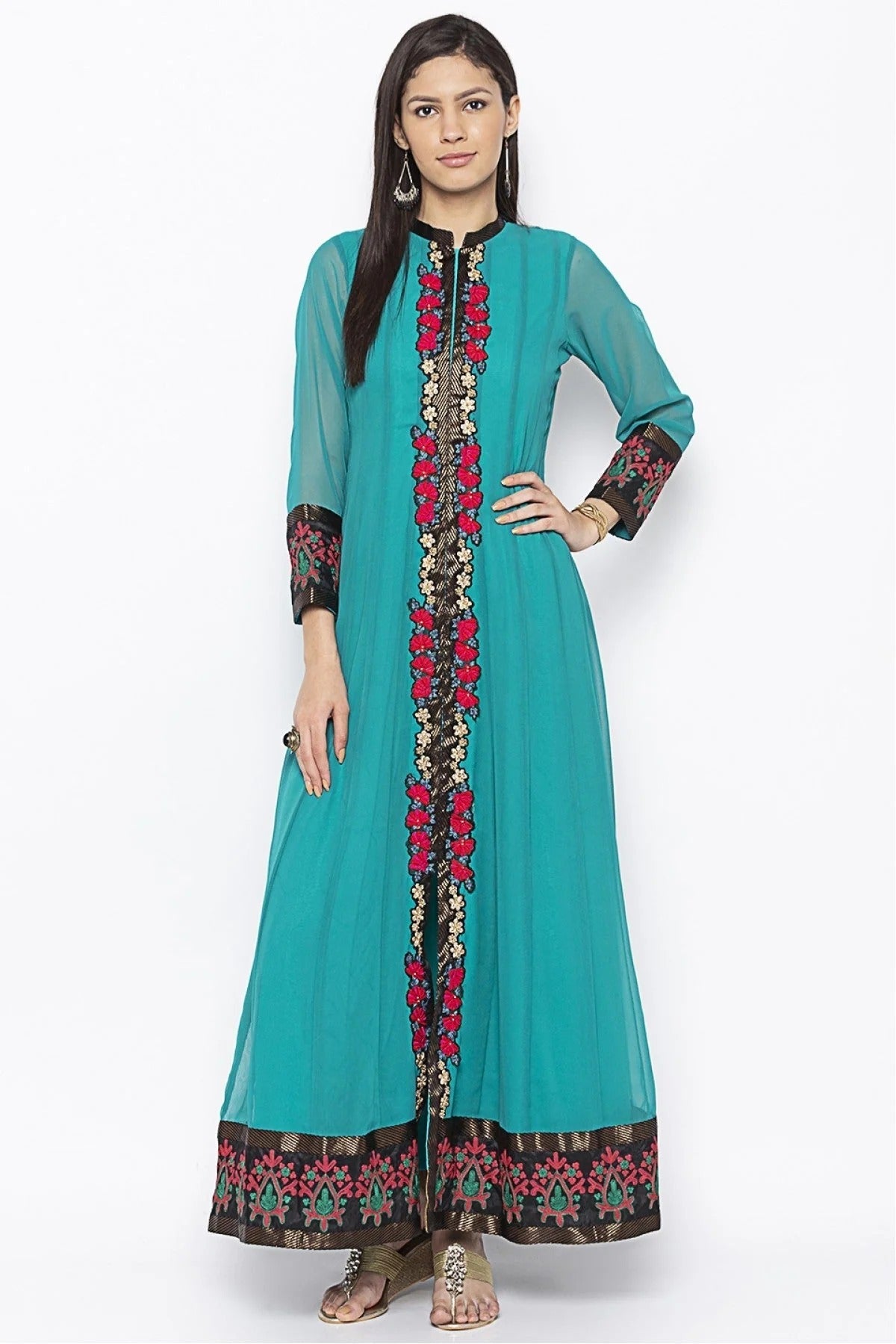 Green Colour Plus Size Georgette Embroidery Kurta Set KR1070562