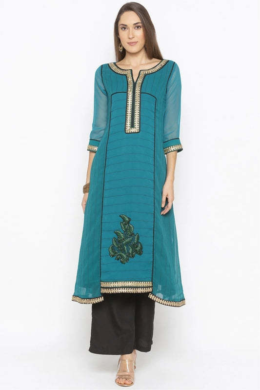 Green Colour Plus Size Georgette Embroidery Kurta Set KR1070664