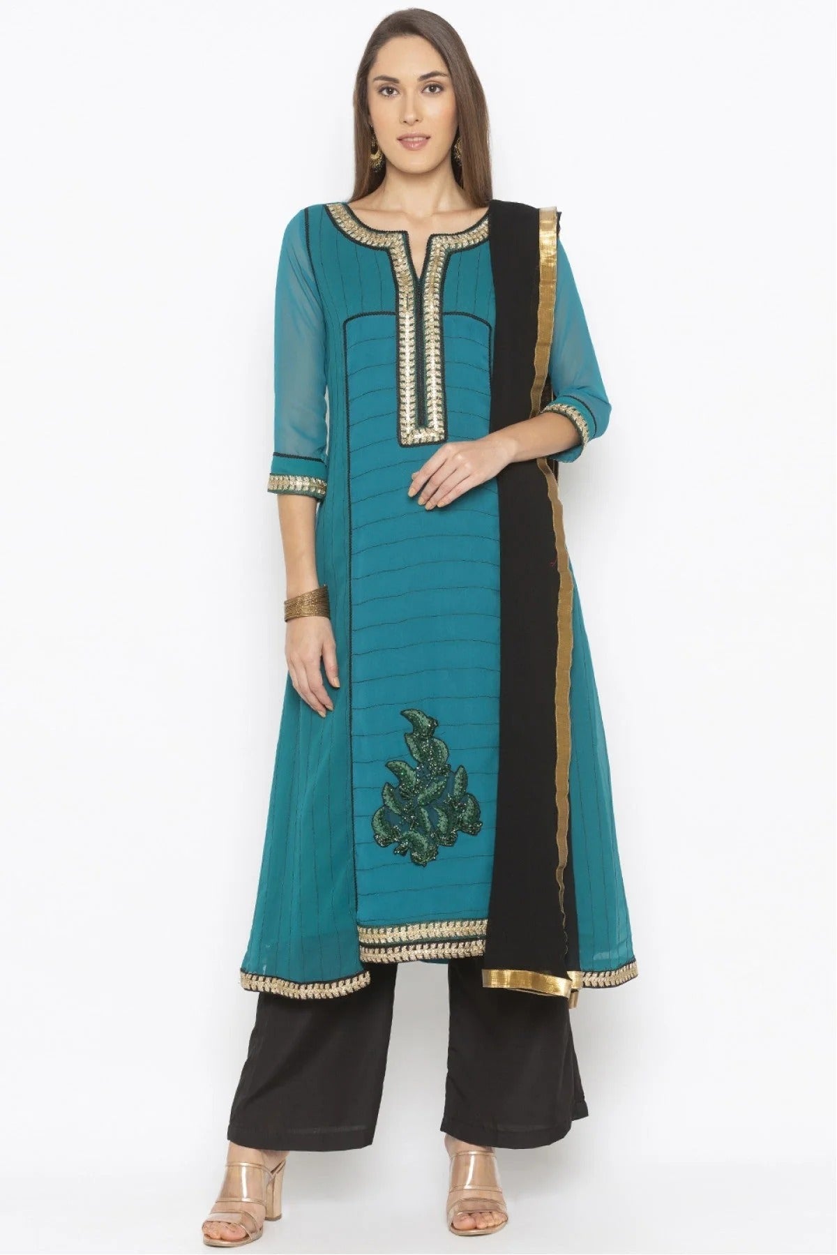 Green Colour Plus Size Georgette Embroidery Palazzo Pant Suit BW1070306