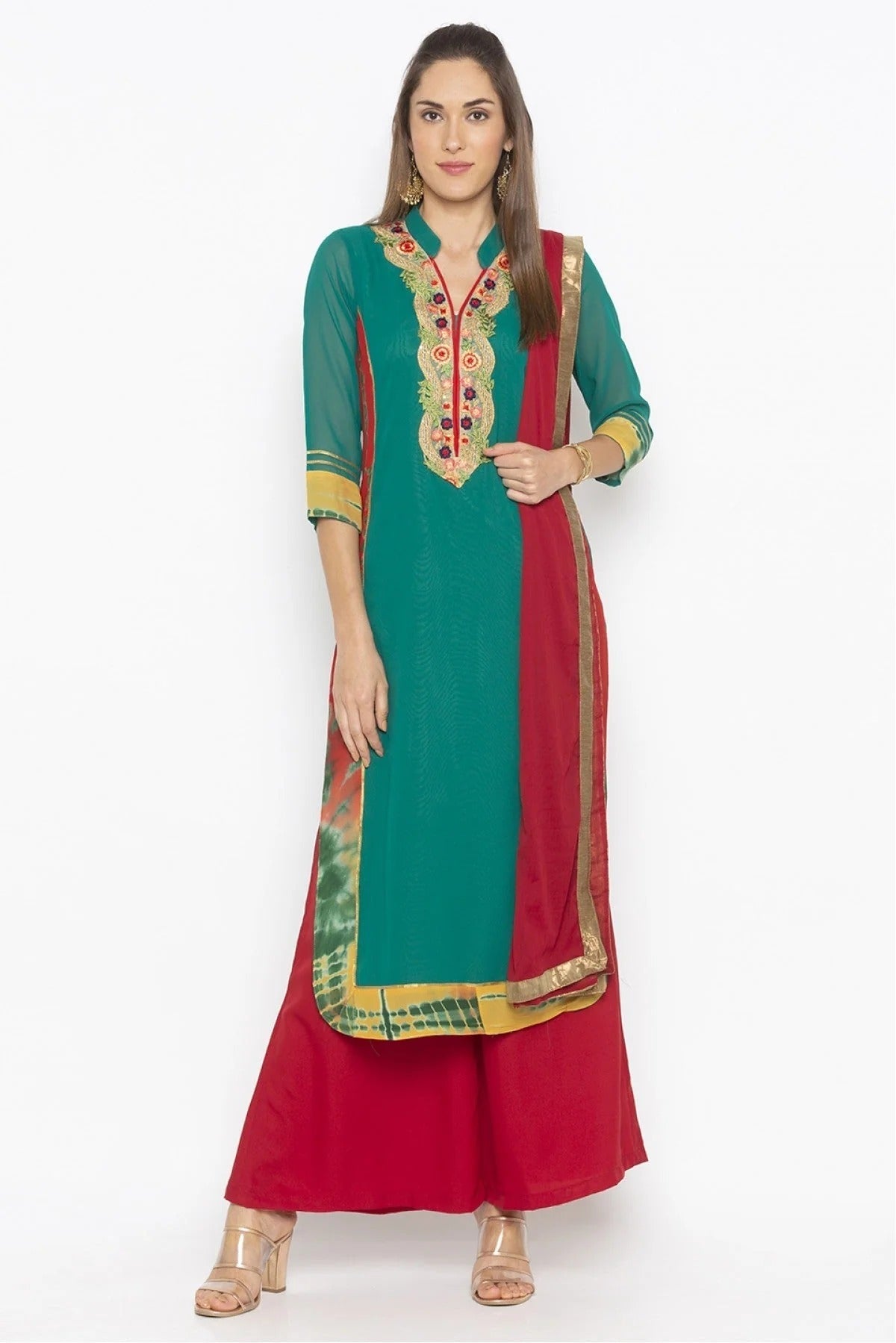 Green Colour Plus Size Georgette Embroidery Palazzo Pant Suit BW1070319