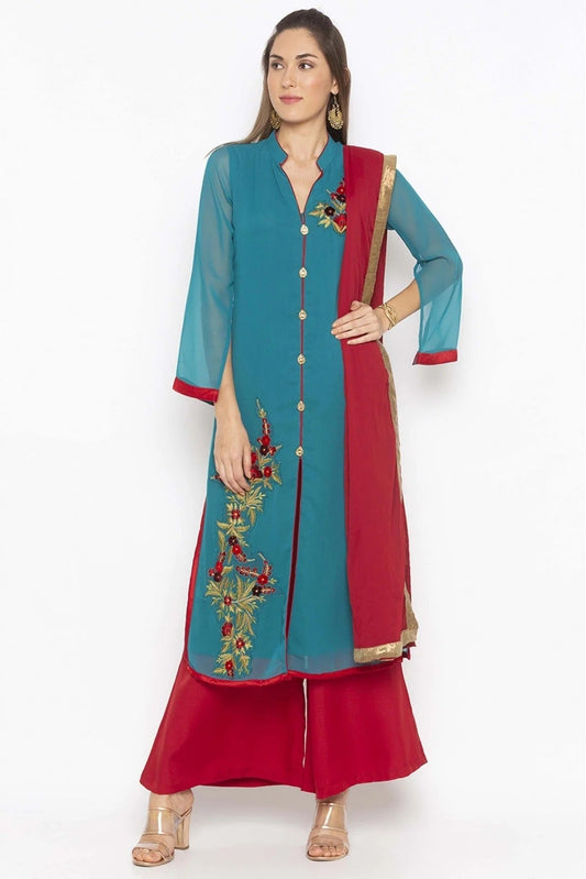 Green Colour Plus Size Georgette Embroidery Palazzo Pant Suit BW1070326