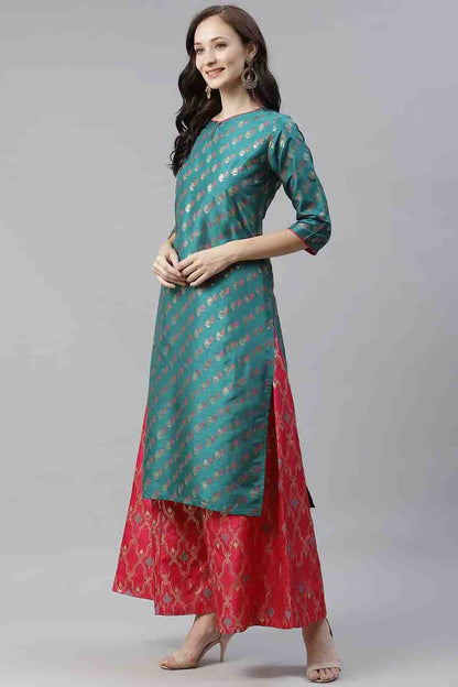 Green Colour Plus Size Poly Silk Foil Print Kurti With Palazzo Set KR1060046 A