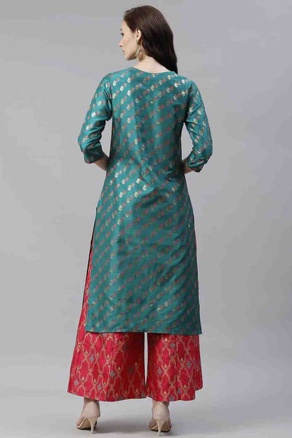 Green Colour Plus Size Poly Silk Foil Print Kurti With Palazzo Set KR1060046 B