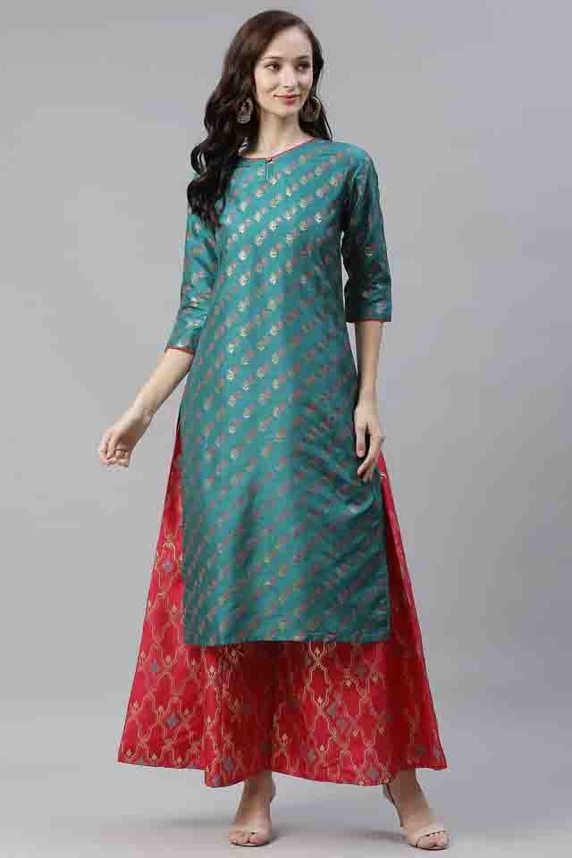 Green Colour Plus Size Poly Silk Foil Print Kurti With Palazzo Set KR1060046