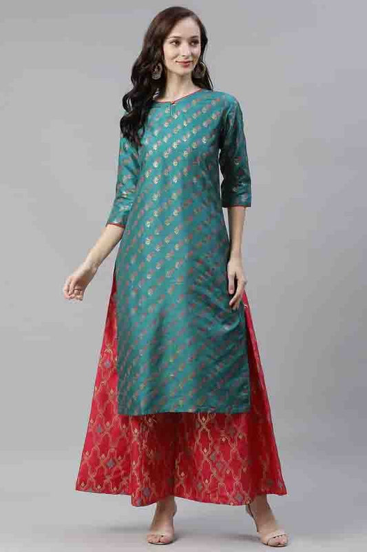 Green Colour Plus Size Poly Silk Foil Print Kurti With Palazzo Set KR1060046