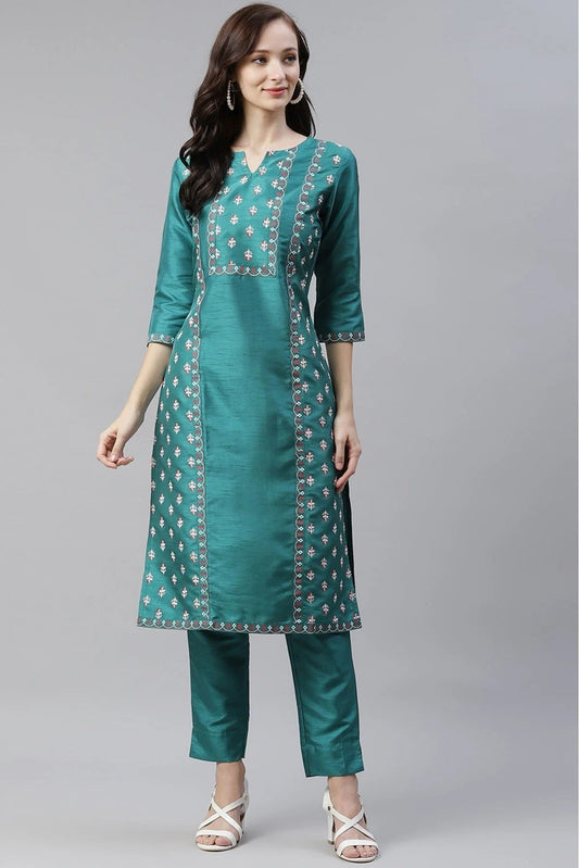 Green Colour Plus Size Poly Silk Foil Print Kurti With Pant Set KR1060089