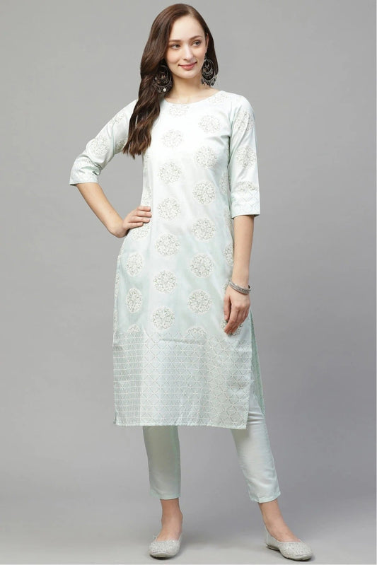Green Colour Plus Size Poly Silk Straight Kurta Pant Set KR1060138
