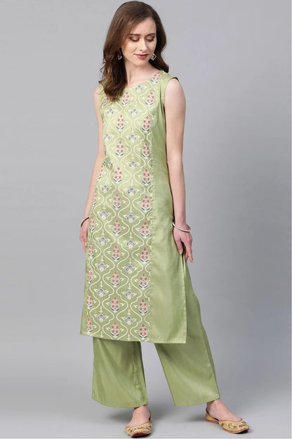 Green Colour Plus Size Poly Silk Straight Kurti KR1060215