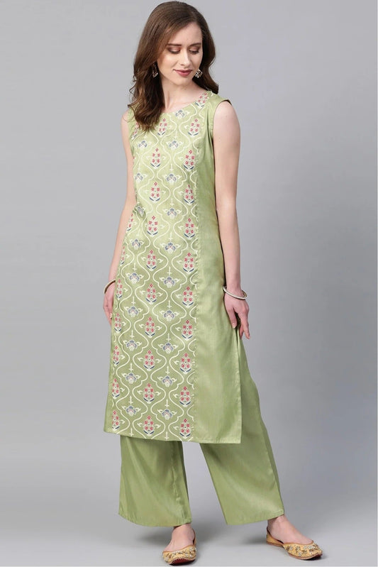 Green Colour Plus Size Poly Silk Straight Kurti KR1060215