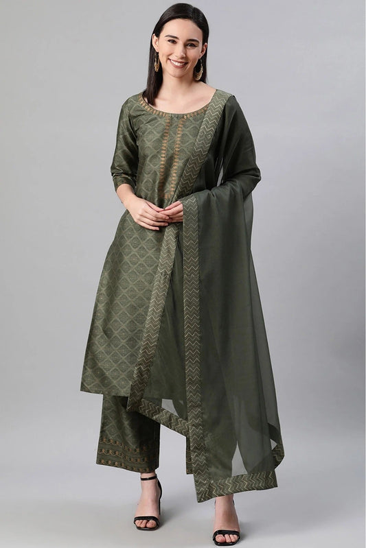 Green Colour Plus Size Polyester Foil Print Kurti Palazzo And Dupatta Set KR1060171