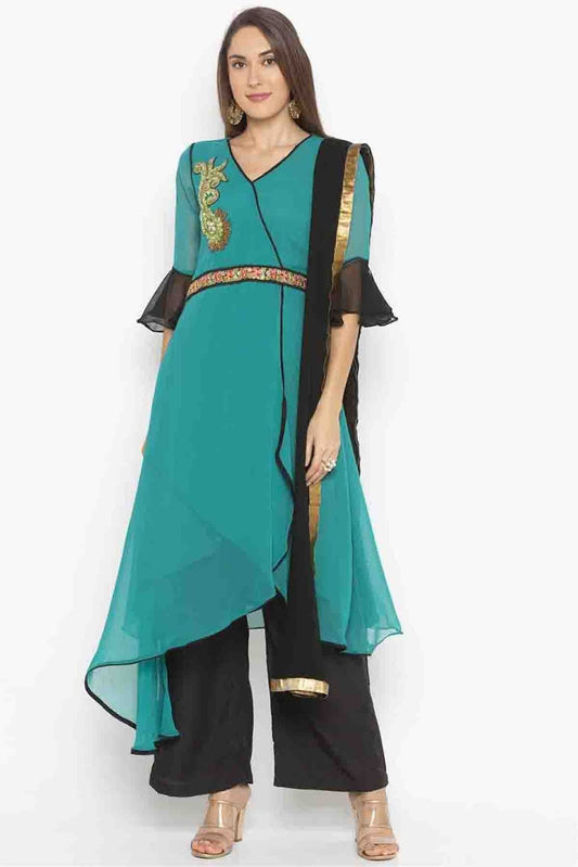Green Colour Plus Size Stitched Georgette Embroidery Palazzo Pant Suit BW1070223