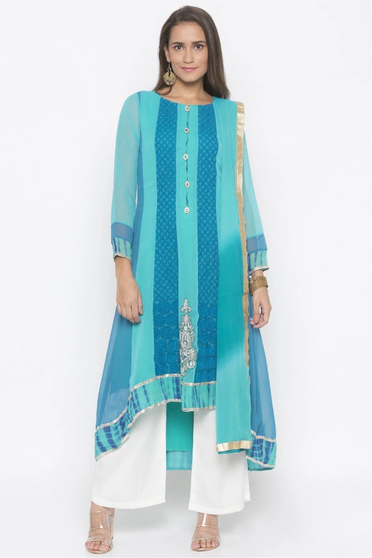 Green Colour Plus Size Stitched Georgette Embroidery Palazzo Pant Suit BW1070250