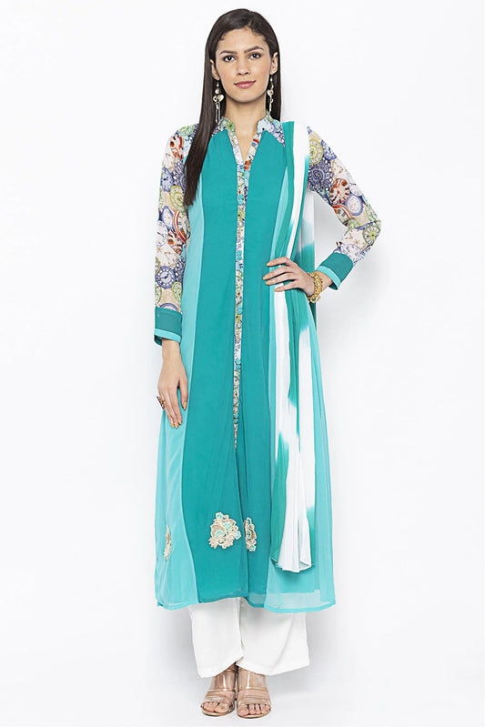 Green Colour Plus Size Stitched Georgette Embroidery Palazzo Pant Suit BW1070287